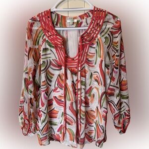 180. Jade Melody Tam Multicolor Blouse with Red Highlights, Size M